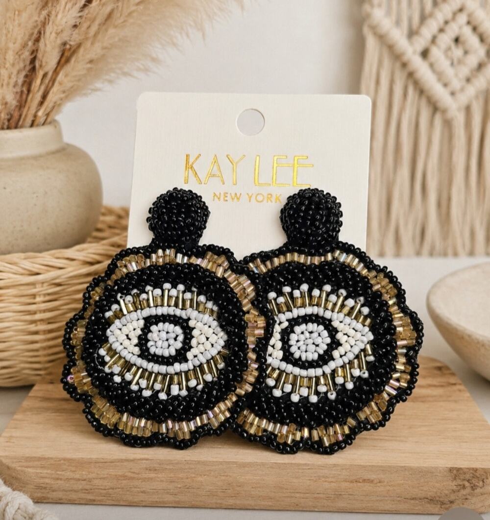Kay Lee Black Round Beaded Evil Eye Earrings New